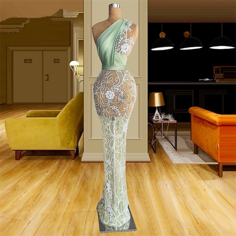 민트 그린 머메이드 댄스 파티 드레스 레이스 appiques 한 어깨 이브닝 드레스를 통해 볼 사용자 정의 만든 바닥 길이 파티 드레스